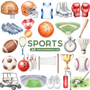 Akvarell sport clipart, sportbollar PNG, basket PNG, fotboll, baseboll, tennis, golf, sportillustration, kommersiellt bruk