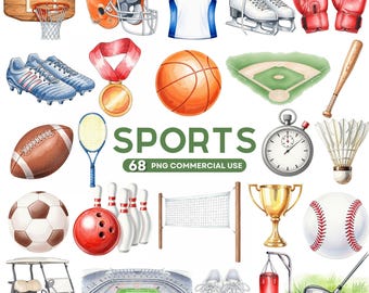 Watercolor Sports Clipart, Sports Balls PNG, Basketball Png, Football, Soccer, Baseball, Tennis, Golf, Sport Illustration, Commercial Use