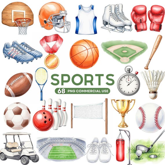 Watercolor Sports Clipart, Sports Balls PNG, Basketball Png, Football, Soccer, Baseball, Tennis, Golf, Sport Illustration, Commercial Use