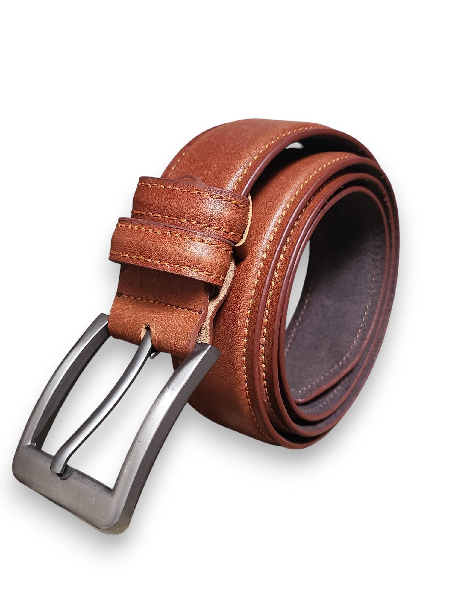 Handmade Brown Leather Belt for Men, Silver Buckle, Sizes 32-54