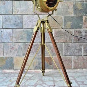 Nautical Spotlight LARGE Vintage Theater Stage Industrial Search Light With wooden Tripod