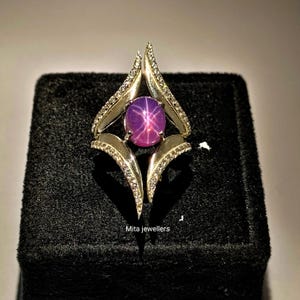 Oval Star Sapphire Moon Ring Pink Star Sapphire Engagement Ring Amethyst Ring Unique Galaxy Ring Proposal Gift For Herstar sapphire,