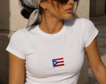 T-shirt bébé brodé drapeau portoricain, haut court portoricain, chemise Boricua, tenue d'été latina an 2000, haut drapeau PR, cadeau pour elle