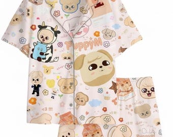 Pyjama de groupe de membres Kpop inspiré des Stray Kids PuppyM, vêtements de nuit mignons animaux SKZOO, produits dérivés SKZ, pyjamas Kpop Stray Kids, produits dérivés Kpop PSJ936