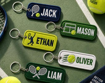 Geborduurde tennis sleutelhanger, tenniscadeau met eigen naam, gepersonaliseerd tennistaslabel, cadeau voor tenniscoach, accessoire voor spelers