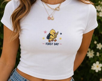First Day Embroidered Baby Tee, Back to School Shirt, Cute Duck School Shirt, Teacher Student Gift, College School Outfit
