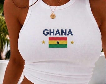 Ghana Flagge bestickt Crop Tank Top, Y2K Ghana Baby Tee, Ghana Urlaubs Outfit, Sommer Strand Party Top Frauen