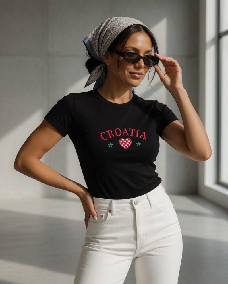 Kroatien broderad babytröja | Y2K kroatisk skjorta | Kroatien fotbollsmall, latinamerikansk Y2K sommaroutfit, flaggtopp, present till henne bild 7