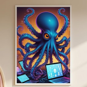 Könnte beinhalten: Ein gerahmter digitaler Kunstdruck mit einem blauen Oktopus mit orangefarbenen Augen, Tentakeln und einem Laptop. Der Oktopus ist in einem lebendigen, cartoonartigen Stil dargestellt. Der Druck wird in einem Kinderspielzimmer mit bunten Möbeln ausgestellt.