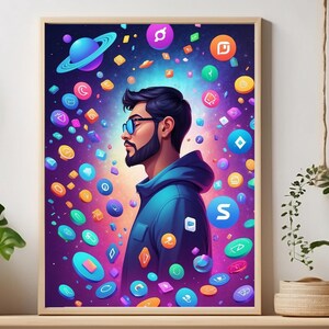 May include: A framed digital art print featuring a man in profile, surrounded by colorful orbs and a space-themed background. The artwork is displayed on a wooden shelf with potted plants and macrame plant hangers, creating a modern, artistic home decor scene.
