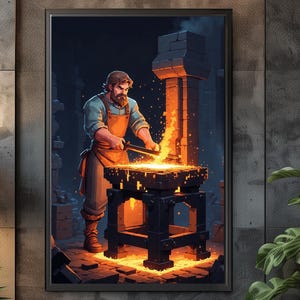 以下が含まれることがあります： 額縁に入った、鍛冶屋が仕事をしている様子を描いたアート作品。エプロンを着けた男性が鍛冶場で作業をしており、明るいオレンジ色の炎と火花が見えます。このアート作品は、質感のあるグレーの壁に、サイドテーブル、椅子、植物とともに展示されています。