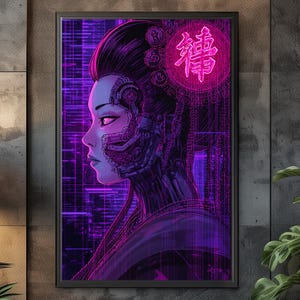 Op de afbeelding: Ingelijste kunstdruk met een futuristische geisha in paarse en blauwe tinten. Het kunstwerk toont een cyborg-achtig figuur met ingewikkelde details en een neon Japans symbool. De print wordt weergegeven in een zwarte lijst.
