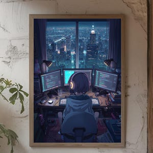 以下が含まれることがあります： フレームに入ったプリントは、複数のモニター、ヘッドフォン、窓から見える都市景観を備えたコンピューターセットアップの人物を描いています。 このアートワークは、夜間の都市環境に焦点を当てたデジタルアートスタイルです。