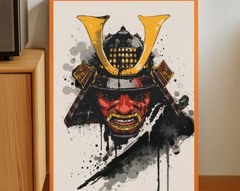 Impression d'art de masque de guerrier samouraï, éclaboussures d'encre japonaise (téléchargement numérique)