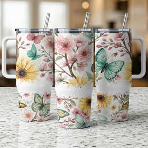 Floral Butterfly 40oz Tumbler Wrap, Watercolor Flower Design, Pretty Spring Tumbler, Cute Tumbler for Women, Nature Inspired Tumbler
