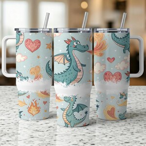 Cute Dragon 40oz Tumbler Wrap, Fire Breathing Dragon, Hearts and Stars Tumbler, Fantasy Dragon Tumbler, Fun Dragon Lover Gift