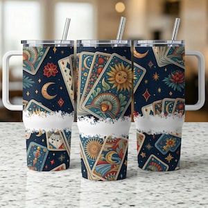Tarot Card 40oz Tumbler Wrap, Celestial Sun and Moon Design, Mystical Tumbler, Esoteric Art Tumbler, Fortune Teller Gift, Witchy Decor