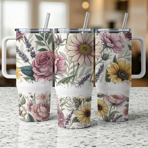 Bicchiere termico da 40 once con motivo floreale ad acquerello, grande capacità, elegante motivo floreale, regalo per bicchiere termico
