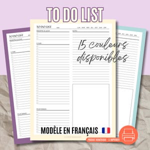 Könnte beinhalten: Eine druckbare To-Do-Listen-Vorlage auf Französisch mit Abschnitten für tägliche Prioritäten, Aufgaben, Notizen und Ziele für morgen. Das Layout bietet ein klares, liniertes Design mit der Überschrift TO DO LIST und einer französischen Flagge.