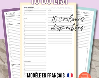 May include: A printable to-do list planner template in French with sections for daily priorities, tasks, notes, and tomorrow's goals. The layout features a clean, lined design with a header labeled TO DO LIST and a French flag icon.