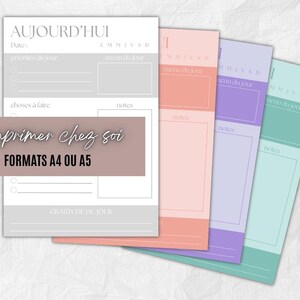 May include: A set of printable daily planner sheets in pastel colors. Each sheet includes sections for priorities, to-do lists, and notes. The text "TODAY" and "Print at home, A4 or A5 formats" are visible.