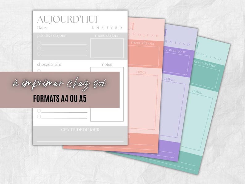 May include: A set of printable daily planner sheets in pastel colors. Each sheet includes sections for priorities, to-do lists, and notes. The text "TODAY" and "Print at home, A4 or A5 formats" are visible.