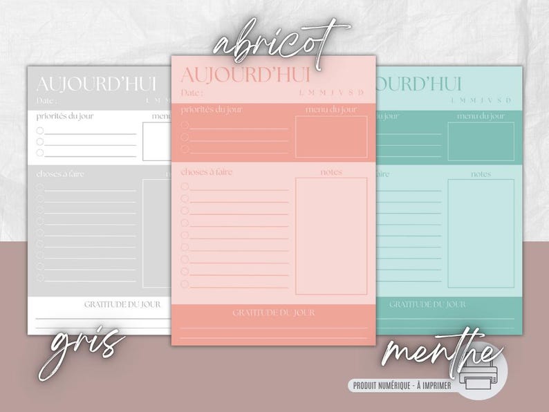 May include: Three printable daily planner sheets in gray, apricot, and mint colors. Each sheet has sections for the date, priorities, menu, to-do list, notes, and gratitude. The word "abricot" is written at the top.