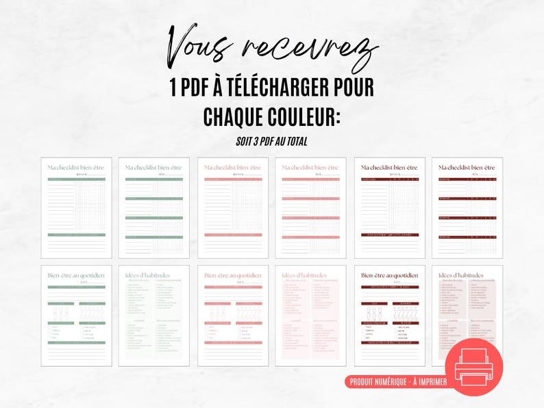 K&ouml;nnte beinhalten: Digitale, druckbare Checklisten in drei Farbschemata: Gr&uuml;n, Rosa und Burgunderrot. Der Text lautet: &bdquo;Vous recevrez 1 PDF &Agrave; T&Eacute;L&Eacute;CHARGER POUR CHAQUE COULEUR: SOIT 3 PDF AU TOTAL.&ldquo; Das Bild enth&auml;lt auch ein rotes Druckersymbol mit dem Text &bdquo;PRODUIT NUM&Eacute;RIQUE - &Agrave; IMPRIMER.&ldquo;