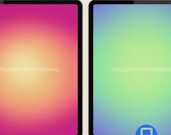 May include: Two iPad screens displaying colorful gradient backgrounds. The left screen has a pink, orange, and yellow gradient, while the right screen features a green and blue gradient. The text "FOLLOW YOUR DREAMS" is visible on both screens. The top text reads "5 FONDS D'ÉCRAN POUR IPAD".