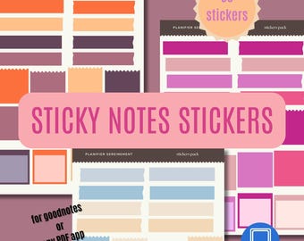 May include: A collection of digital sticky note stickers in various colors, including orange, purple, pink, and blue. The stickers are designed for use with digital planning apps. The image includes the text "STICKY NOTES STICKERS" and "60 stickers".