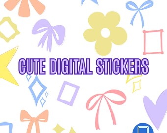 May include: A collection of pastel-colored digital stickers, including bows, flowers, stars, and geometric shapes, scattered on a white background. The text "CUTE DIGITAL STICKERS" is displayed in a purple font. A digital product icon is in the bottom right.