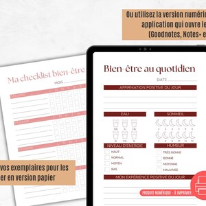 K&ouml;nnte beinhalten: Ein digitaler Wellness-Planer auf einem Tablet und eine gedruckte Checkliste. Der Planer enth&auml;lt Abschnitte f&uuml;r t&auml;gliche Affirmationen, Wasseraufnahme, Schlaftracking und Stimmungsbewertung. Der Text enth&auml;lt "Bien-&ecirc;tre au quotidien" und "Ma checklist bien-&ecirc;tre".