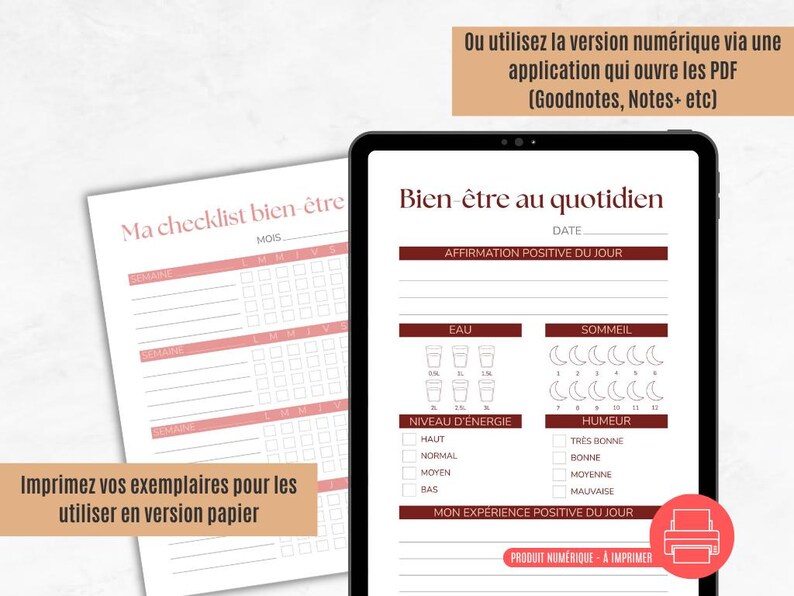 K&ouml;nnte beinhalten: Ein digitaler Wellness-Planer auf einem Tablet und eine gedruckte Checkliste. Der Planer enth&auml;lt Abschnitte f&uuml;r t&auml;gliche Affirmationen, Wasseraufnahme, Schlaftracking und Stimmungsbewertung. Der Text enth&auml;lt "Bien-&ecirc;tre au quotidien" und "Ma checklist bien-&ecirc;tre".