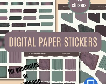 May include: A collection of 100 digital paper stickers featuring various rectangular shapes with torn edges in shades of green, purple, and dark gray. The sheets include text labels reading PLANIFIER SEREINEMENT, stickers pack, and DIGITAL PAPER STICKERS.