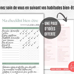 K&ouml;nnte beinhalten: Ein druckbarer Wellness-Checklist mit dem Titel "Ma checklist bien-&ecirc;tre" auf Franz&ouml;sisch. Sie enth&auml;lt einen w&ouml;chentlichen Gewohnheitstracker mit Kontrollk&auml;stchen f&uuml;r Aktivit&auml;ten wie Gehen, Lesen und Meditation. Das Bild enth&auml;lt auch eine Bonusseite mit Ideen.
