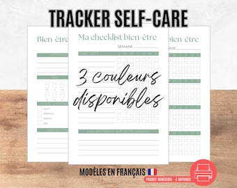 May include: White self-care tracker with the text "TRACKER SELF-CARE" at the top. The tracker includes sections for affirmations, water intake, and energy levels. The text "3 couleurs disponibles" is written in cursive. The bottom of the tracker reads "MODÈLES EN FRANÇAIS".