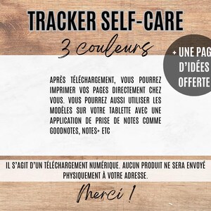K&ouml;nnte beinhalten: Digitaler Selbstpflege-Tracker mit dem Text "TRACKER SELF-CARE" und "3 couleurs" auf Holzgrund. Enth&auml;lt eine zus&auml;tzliche Seite mit Ideen. Der Text erkl&auml;rt den digitalen Download und die Nutzung.