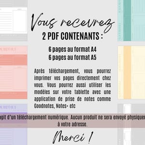 May include: Digital download with templates for note-taking, including 6 A4 and 6 A5 pages. The image features text in French, with a variety of pastel-colored backgrounds and text boxes. The text says "Vous recevrez" and "Merci!"