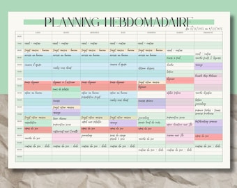 May include: A weekly planner with the title "PLANNING HEBDOMADAIRE" in large letters at the top. The planner is divided into days of the week, with each day having multiple time slots for scheduling. The planner uses a variety of pastel colors.