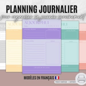 May include: A collection of colorful daily planner sheets in pastel shades of gray, yellow, purple, teal, and peach. Each sheet features sections for date, priorities, to-do list, and notes. The text "PLANNING JOURNALIER" is at the top.