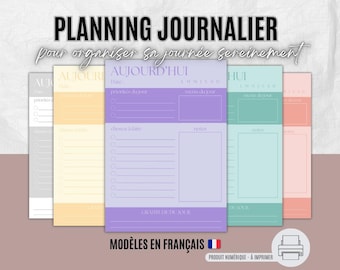 May include: A collection of colorful daily planner sheets in pastel shades of gray, yellow, purple, teal, and peach. Each sheet features sections for date, priorities, to-do list, and notes. The text "PLANNING JOURNALIER" is at the top.
