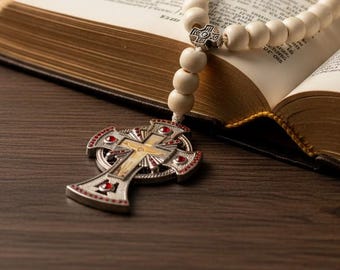 Wood Bead Prayer Rosary | Orthodox Cross with Red Crystals | Christian Gift | Catholic Rosary Beads