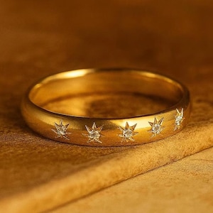 Handmade Moissanite Star Engraved Ring, Sterling Silver Celestial Wedding Band