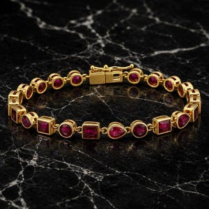 May include: A gold link bracelet featuring alternating round, square, and pear-shaped red rubies set in gold bezels. The bracelet includes a secure box clasp closure, showcasing a repeating pattern of gemstones connected by gold metal links.