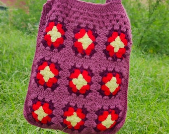 Bolso tote bohemio de ganchillo con diseño de abuela: bolso de hombro forrado con pompones