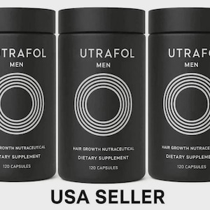 May include: Three black cylindrical bottles of UTRAFOL dietary supplement for men. Each bottle has a white circular design and text that reads "UTRAFOL MEN", "Hair Growth Nutraceutical", "Dietary Supplement", and "120 Capsules".