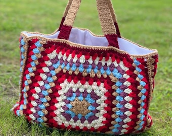 Bolso de crochet cuadrado de abuela bohemio: colorido bolso de mercado hecho a mano