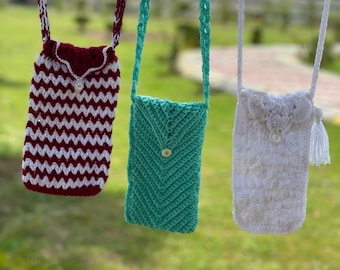 Crochet Crossbody Phone Pouch Set: Handmade Chevron, Puff, Zigzag