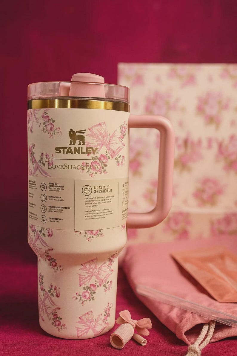 May include: A white Stanley LoveShackFancy tumbler with a pink floral and bow pattern. The tumbler has a pink handle, lid, and accents. The text "STANLEY" and "LOVESHACK FAN" are visible on the tumbler.