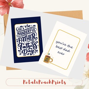 Faltbare Vatertagskarte - Druckbare A5-Vorlage | "Für einen wunderbaren Vater" Navy & Beige Design | #1 Dad Gold Tasse im Inneren